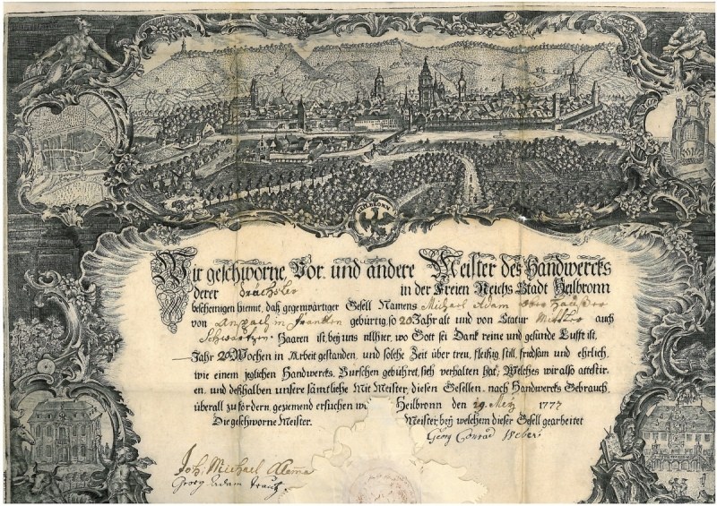 Eine alte deutsche Banknote mit einer Stadtansicht, umgeben von Text und dekorativen Elementen.