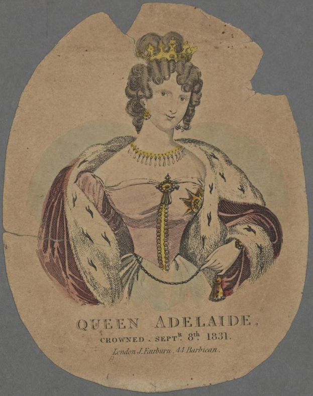 Porträt der Queen Adelaide, gekrönt am 8. September 1831, in prächtigem Kleid und Krone, mit Text auf dem Papier darunter.
