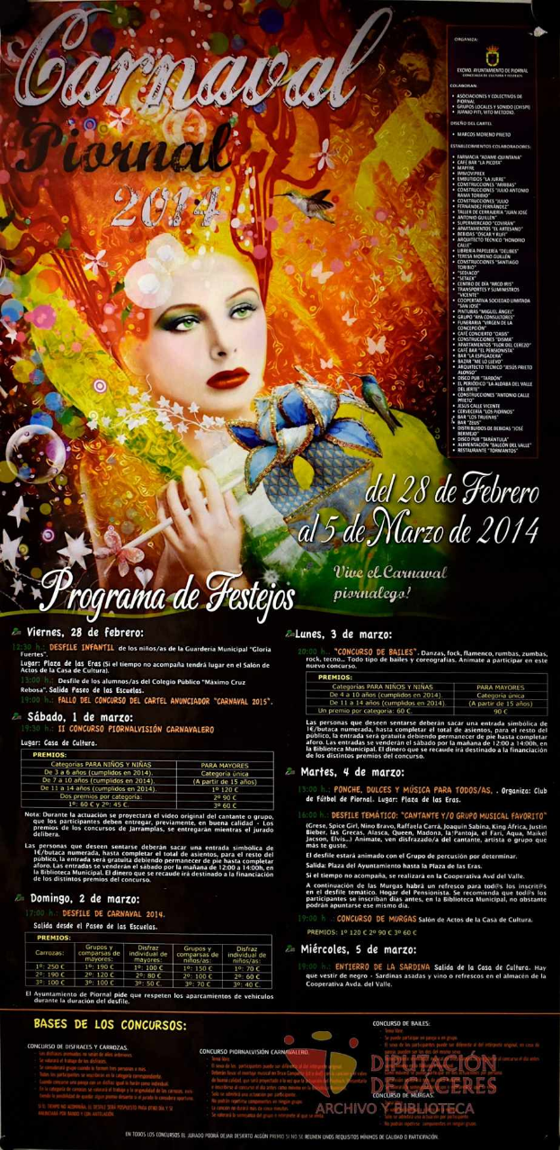 Eine Frau in einem bunten Kleid, die fröhlich in die Mitte eines leuchtend gelben Plakats mit der schwarzen Schrift "Carnaval Festival 2014" schaut.