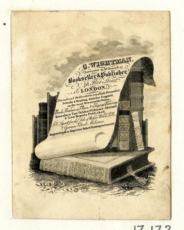 Ein altes Buch mit einer Rolle oben drauf, umgeben von Büchern und einem textgefüllten Papier, mit "Buchhändler" unten.