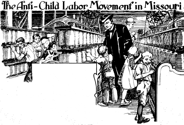 Plakat zur Anti-Kinderarbeit-Bewegung in Missouri, das eine Gruppe von Menschen in traditioneller Kleidung zeigt, die besorgt wirken, mit der Aufschrift "Die Anti-Kinderarbeit-Bewegung in Missouri" oben und unten.