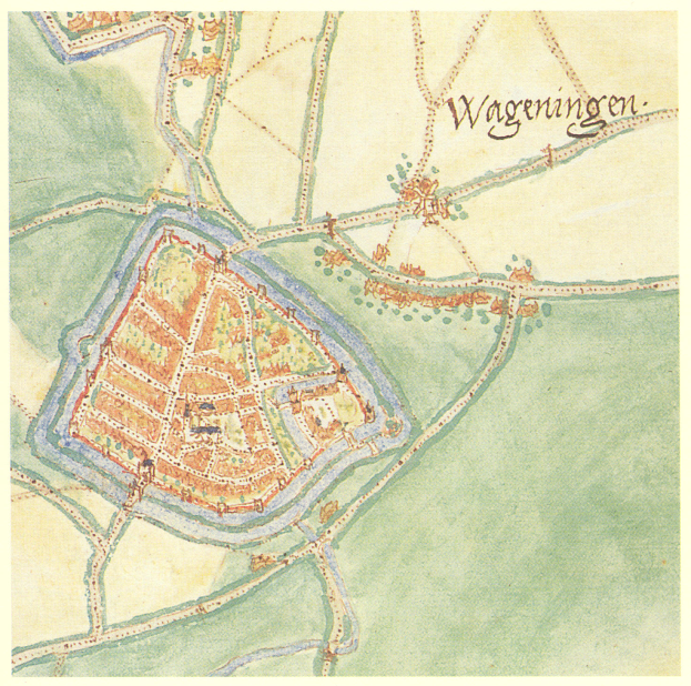 Eine detaillierte Karte von Wageningen, Deutschland, die Straßen, Gebäude und Sehenswürdigkeiten mit Texten zeigt, die zusätzliche Informationen bereitstellen.
