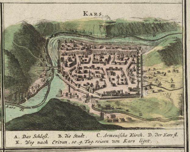 Ein altes Stadtplan von Karlsruhe, Deutschland, das Gebäude, Bäume, Hügel und einen Fluss zeigt, mit Text unten.