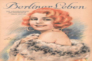 Frau mit roter Haare in einem Pelzmantel auf dem Cover einer Zeitschrift namens "Berliner Lebens" mit fetter schwarzer Schrift.