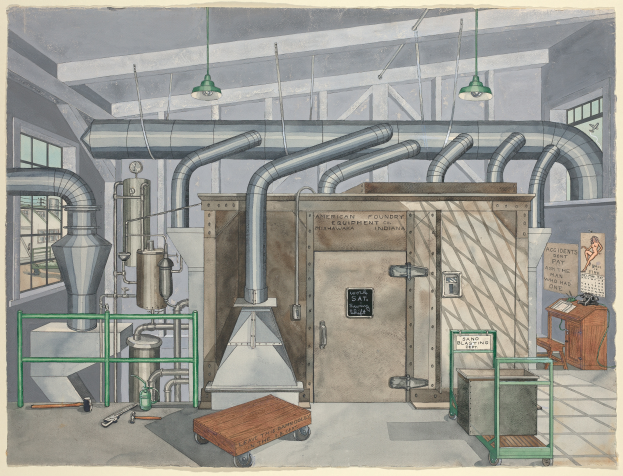 Eine Zeichnung einer Fabrik mit einer großen zentralen Maschine, umgeben von verschiedenen Geräten, einer Tür, einem Wagen, einem Tisch, einem Stuhl, einer Tafel mit der Aufschrift "American Foundry Equipment Co, Indiana", Fenstern und Deckenlampen.