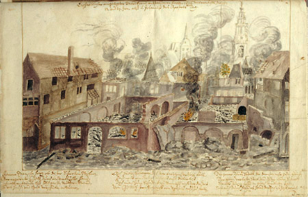 Ein altes Buch mit einer detaillierten Illustration über die Zerstörung einer Stadt, die den Nachwirkungen der Belagerung von Leipzig zeigt, darunter ruinierte Gebäude, Rauch und Text.