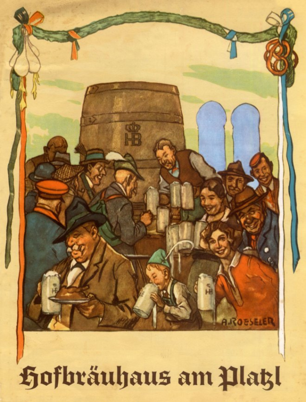 Ein Plakat, das ein Bierfest in Deutschland ankündigt, zeigt eine Gruppe von Menschen, einige halten Biergläser, im Hintergrund ein Fass und deutscher Text unten.