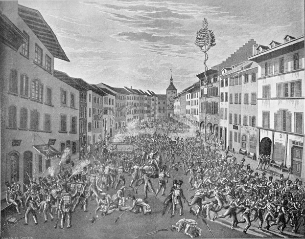 Eine Schwarz-Weiß-Zeichnung einer belebten Stadtstraße mit Gebäuden auf beiden Seiten und einem Himmel im Hintergrund, mit dem Text "Die Schlacht von Stuttgart" unten.