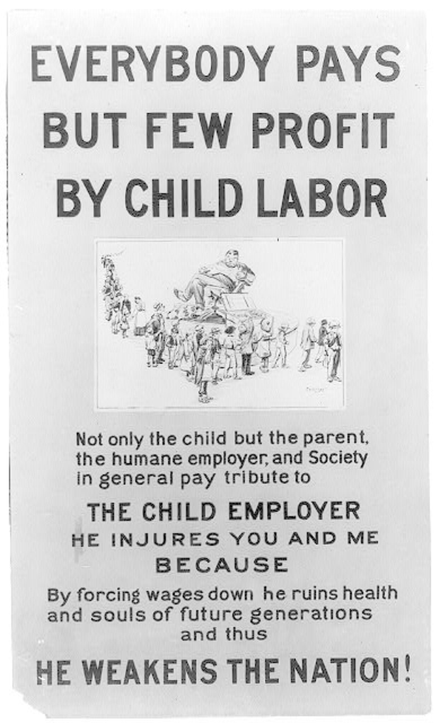 Schwarz-weißes Plakat mit dem Text "Jeder zahlt, aber wenige profitieren von Kinderarbeit" mit einer Gruppe von Menschen.