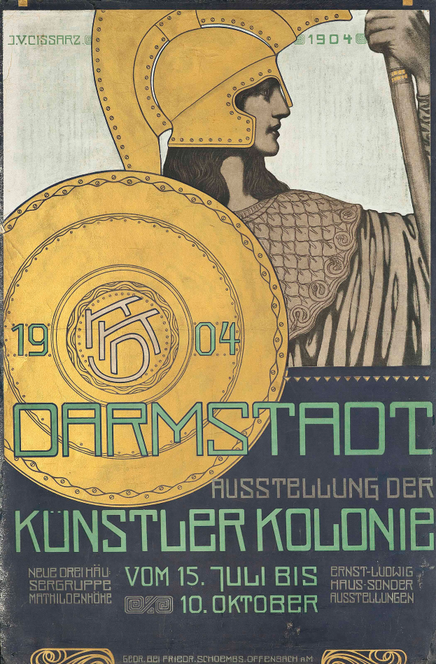 Plakatankündigung für ein Konzert in Berlin, Deutschland im Jahr 1904 mit einer Person in einem Helm, die ein Schild hält, mit 'Darmstadt' und 'Künstlerkolonie' in fetter Schrift.