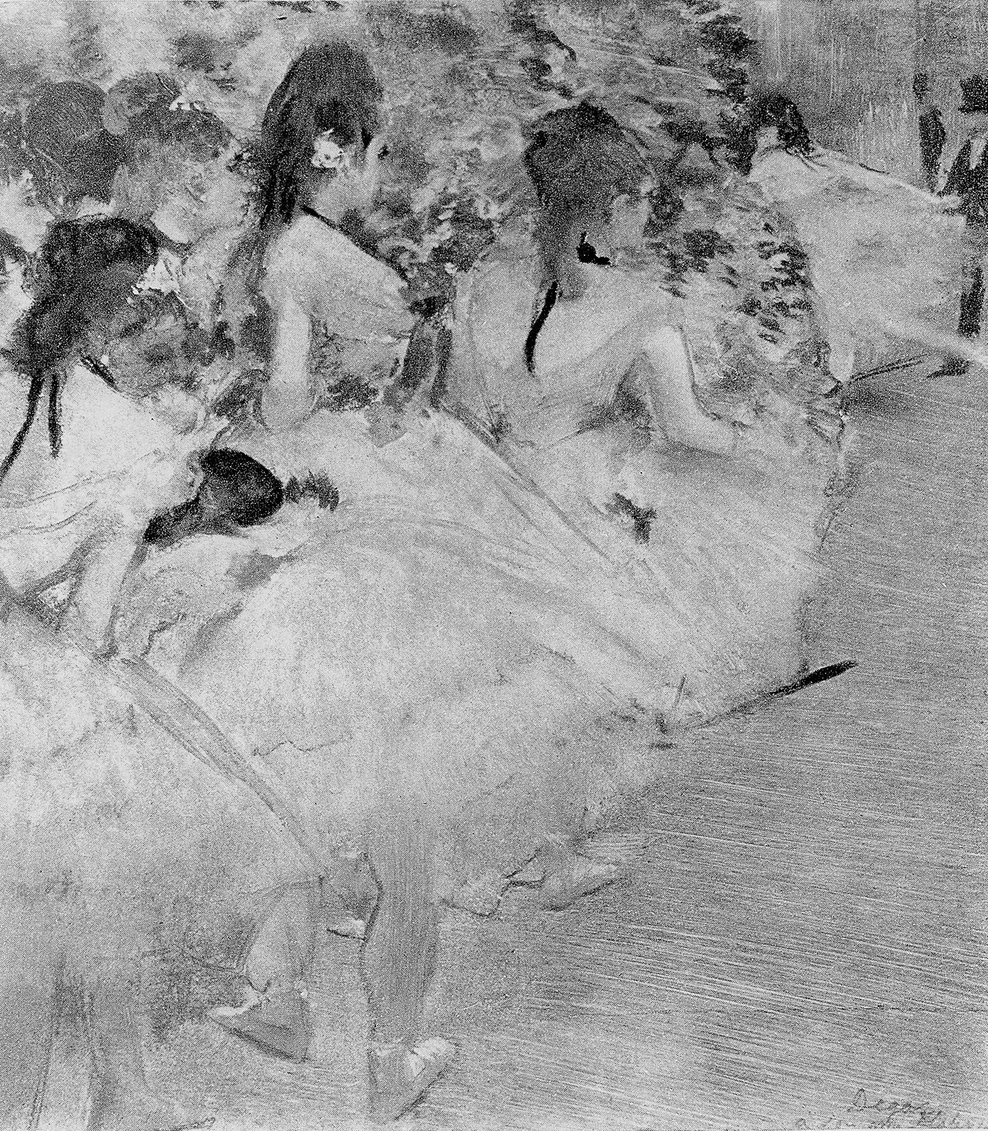 Schwarz-weiß-Zeichnung einer Gruppe von Tänzern in einem Studio, mit einer Person in der Mitte in einem bunten Tutu und Pointe-Schuhen, umgeben von anderen in ähnlicher Kleidung.