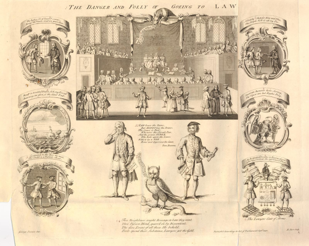 Eine Papierreproduktion, die ängstliche Menschen in verschiedenen Zuständen von Verwirrung und Verwirrung zeigt, begleitet von einer fetten Textwarnung vor den Gefahren und Dummheiten, die mit der Verfolgung rechtlicher Schritte verbunden sind.