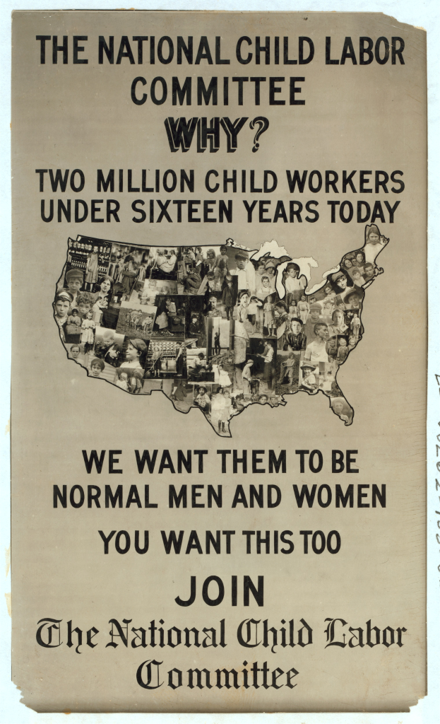 Ein Plakat mit einer Karte der Vereinigten Staaten und Text über den Nationalen Ausschuss für Kinderarbeit, mit mehreren menschlichen Gesichtern dargestellt.