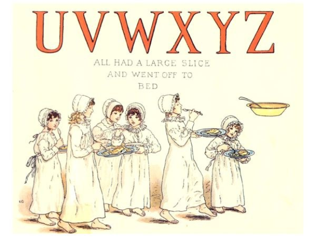 Eine Gruppe von Menschen hält Teller mit Essen, eine Schüssel und einen Löffel auf der rechten Seite, mit Text oben, der "Uwxyz - Alle hatten ein großes Stück und gingen ins Bett." lautet.