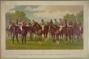 Eine Gruppe von Menschen auf Pferden auf einer grünen Wiese mit Bäumen und einem blauen Himmel, mit Text unten: "Feier der Siegerpferde und Jockeys des American Turf".