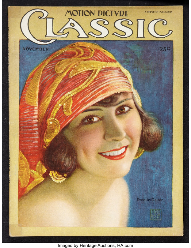Eine Frau mit einem roten Turban lächelt strahlend auf dem Cover eines 'Motion Picture Classic'-Magazins.
