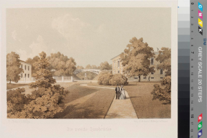 Eine Zeichnung eines Parks mit Menschen, die spazieren gehen, umgeben von Bäumen, Gebäuden, einer Brücke und einem bewölkten Himmel, mit dem Text "Die zweite Dombrücke in Düsseldorf" unten.