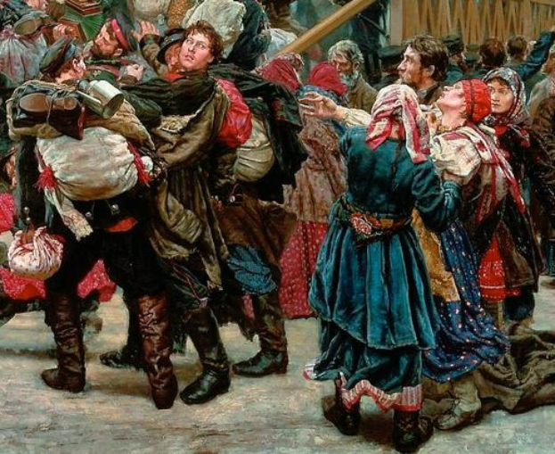 Gemälde, das eine lebhafte Szene von Menschen zeigt, die in traditioneller russischer Kleidung tanzen, während der russischen Revolution, mit einigen, die Gegenstände halten, vor einem hölzernen Haus und einer Menge.