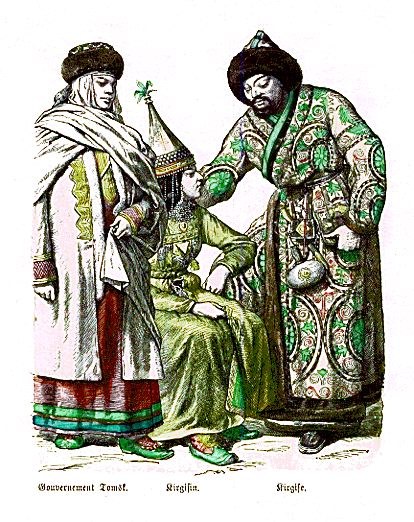 Gemälde eines Mannes in Turban und Robe auf einem Stuhl sitzend und einer Frau in besticktem Kleid mit Kopfschmuck neben ihm stehend, beide mit ernsten Gesichtern, unten mit "Türkisch" beschriftet.