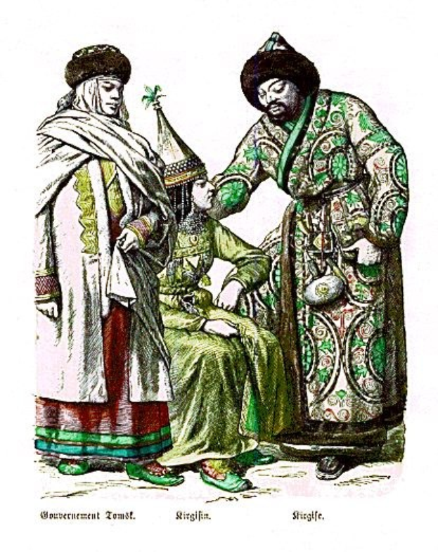 Gemälde eines Mannes in Turban und Robe auf einem Stuhl sitzend und einer Frau in besticktem Kleid mit Kopfschmuck neben ihm stehend, beide mit ernsten Gesichtern, unten mit "Türkisch" beschriftet.