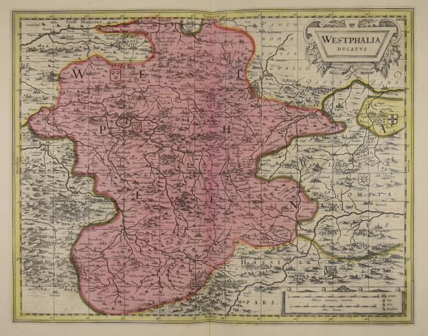Ein altes Kartenblatt von Westfalen, Deutschland, mit den Provinzen des Königreichs England und Wales deutlich sichtbar, auf Papier gedruckt mit detaillierten Texten über die Region.