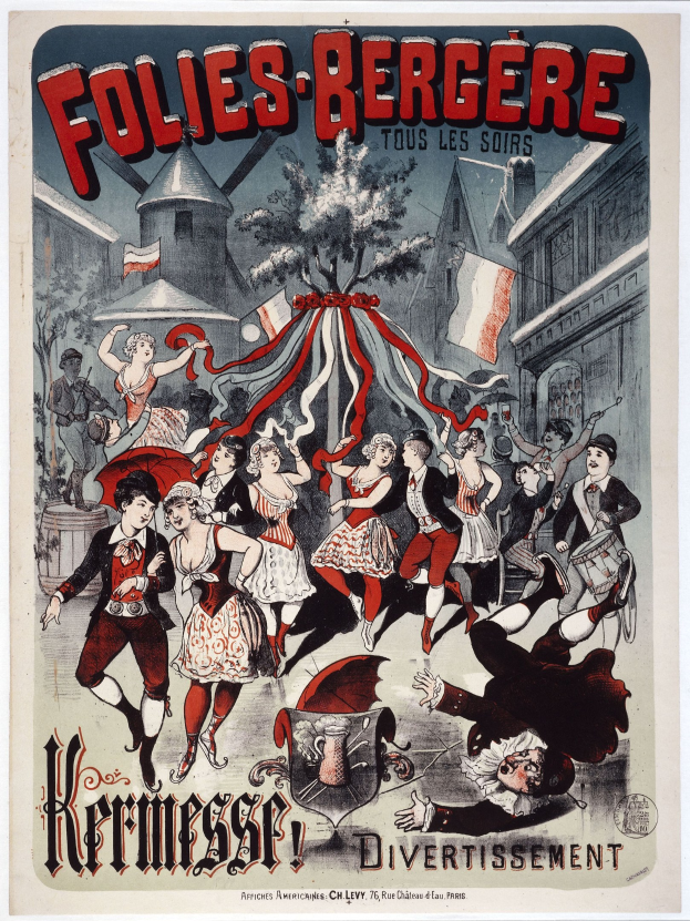 Plakat für das Folies-Bergère-Festival in Paris mit einer Gruppe tanzender Menschen vor Häusern, Flaggen und einem Baum im Hintergrund, mit französischer Schrift oben und unten.