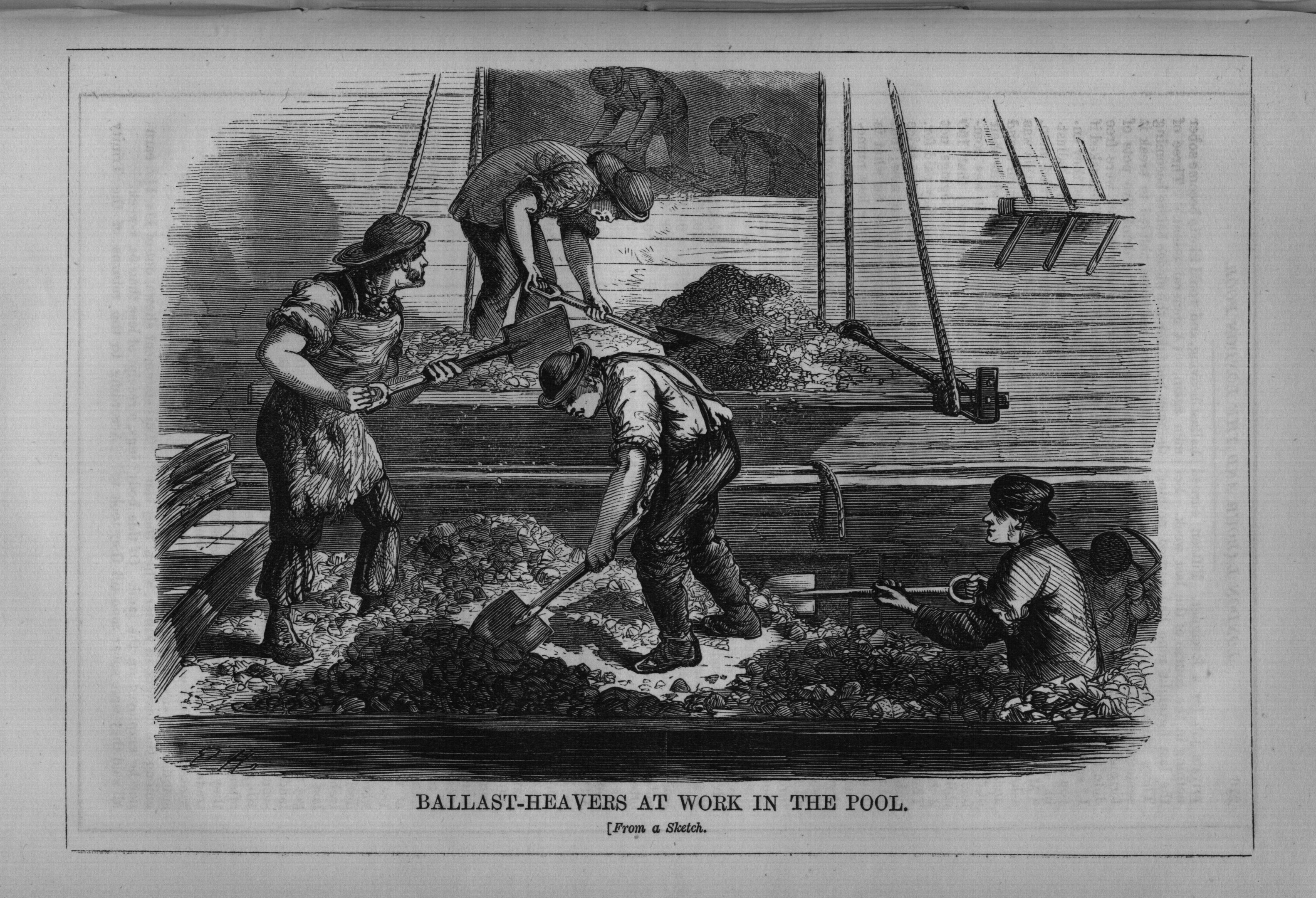 Schwarz-weißes Bild von Menschen im Pool bei der Arbeit, einige halten Schaufeln, mit dem Text "Ballast-Heavens bei der Arbeit im Pool" unten.