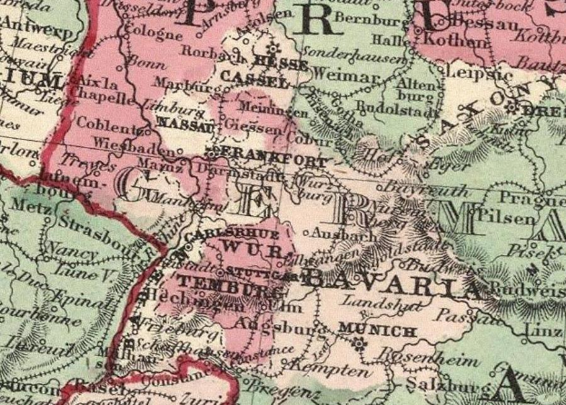 Ein detailliertes altes Deutschland-Karte mit Bayerns Provinzen hervorgehoben und umgebenden Text.