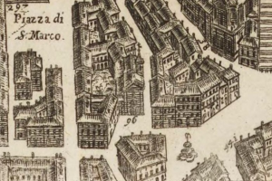 Ein detailliertes Stadtansichtsbild mit verschiedenen architektonischen Gebäuden auf Papier mit handgeschriebener Schrift.