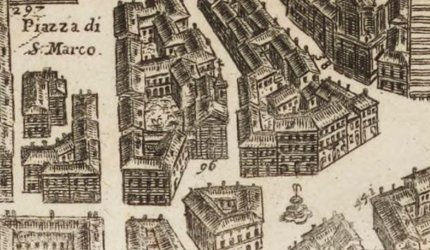 Ein detailliertes Stadtansichtsbild mit verschiedenen architektonischen Gebäuden auf Papier mit handgeschriebener Schrift.