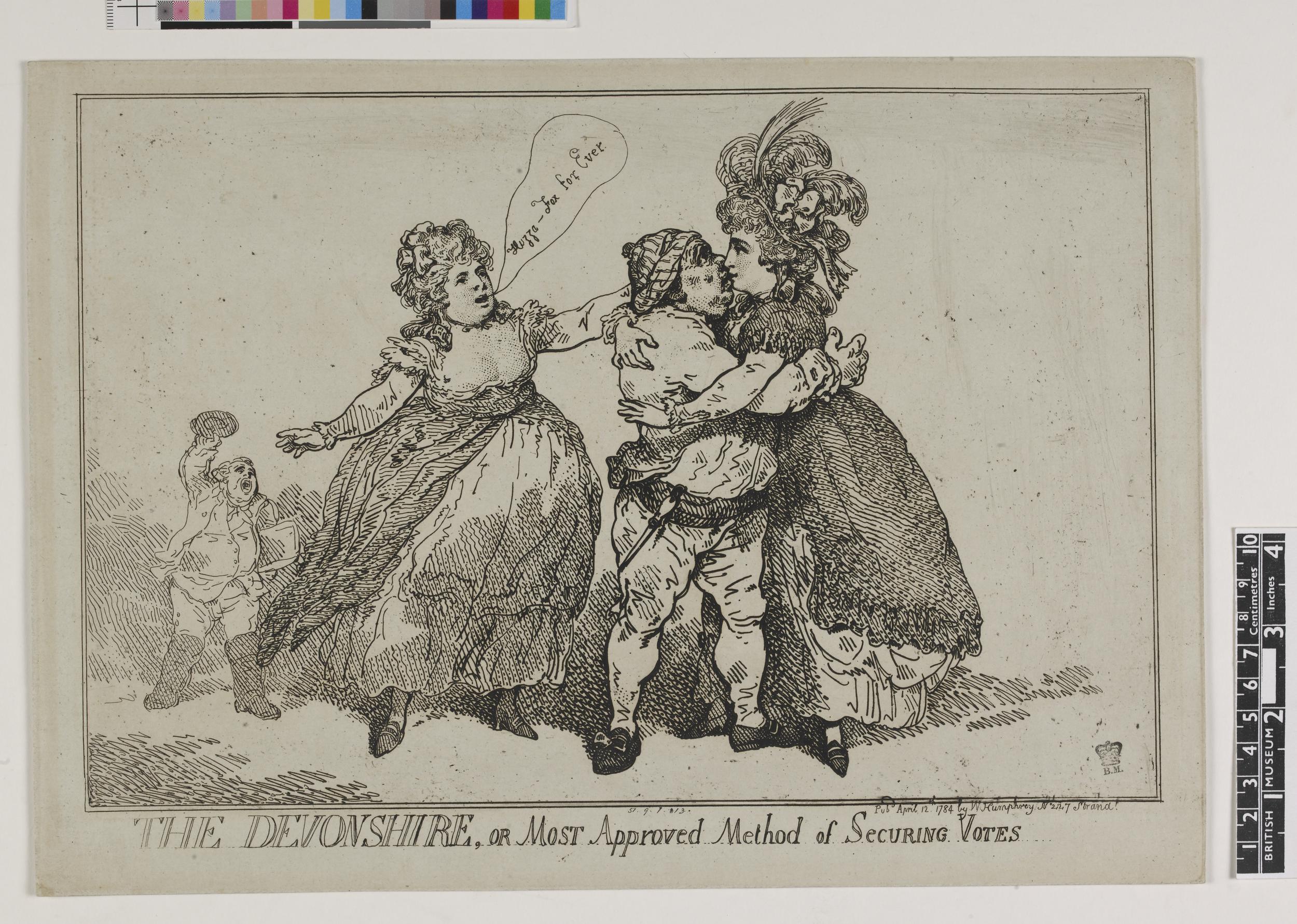 Ein Blatt Papier mit einer Zeichnung von drei Menschen, zwei Frauen und einem Mann, und dem Text "The Devonshire, or Most Approved Method of Securing Votes", mit Farboptionen oben.