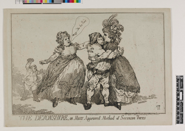 Ein Blatt Papier mit einer Zeichnung von drei Menschen, zwei Frauen und einem Mann, und dem Text "The Devonshire, or Most Approved Method of Securing Votes", mit Farboptionen oben.