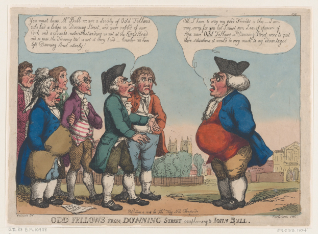 Zeichnung einer Gruppe von Menschen vor einem Gebäude mit Bäumen und Himmel, beschriftet 'odd fellows from downing street complaining to John Bull' unten.