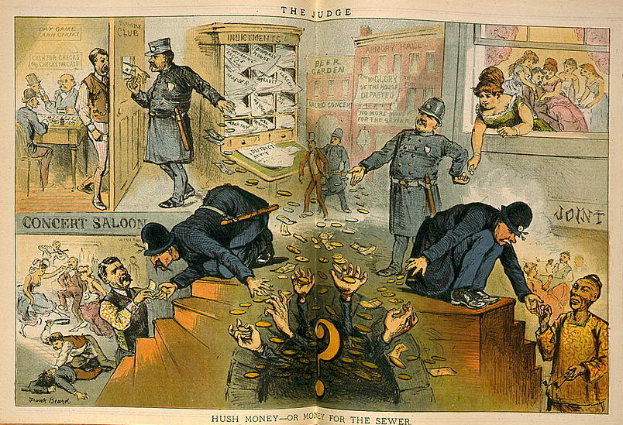 Eine Karikatur-Szene im Gerichtssaal mit einem Richter in der Mitte, der einen Stock und ein Buch hält und von Menschen umgeben ist, die stehen und sitzen, mit Papieren auf dem Boden, die "Schweigegeld oder Geld für die Kanalisation" lesen.