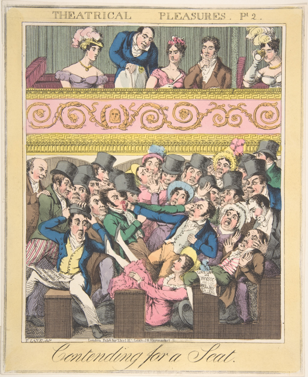 Ein Plakat mit einer Zeichnung einer Gruppe von Menschen in einem Theater, mit dem Satz 'Um einen Sitz kämpfen' oben und unten, das die Vorfreude auf den Beginn eines Stücks zeigt.