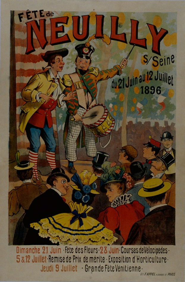 Ein Plakat, das ein Fasching in Paris, Frankreich, ankündigt, zeigt eine Gruppe von Menschen in farbenfrohen Kostümen und Hüten, wobei eine Person ein Musikinstrument hält, und Text, der wahrscheinlich die Faschingsveranstaltung ankündigt.