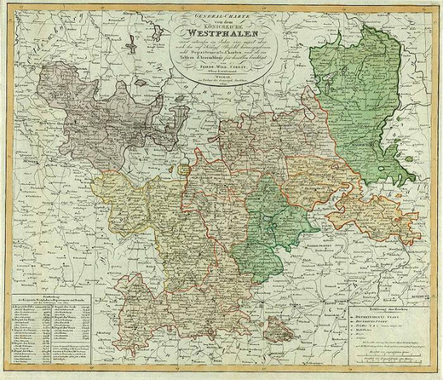Ein altes Deutschland-Karte mit Westfalen hervorgehoben, gerahmt und mit beschreibendem Text.