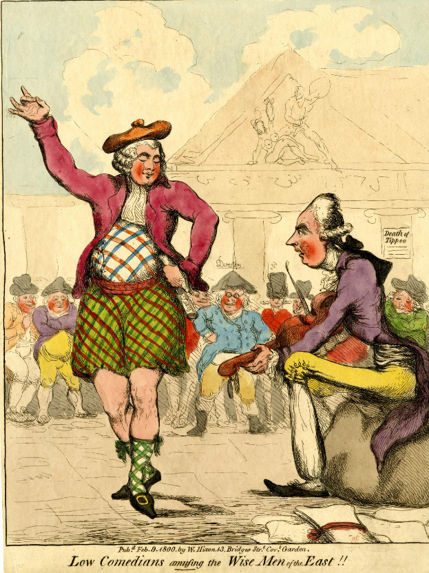 Eine Karikatur eines Mannes in einem Kilt und einer Frau in einem Kleid, die vor einer Menge stehen, mit einem Gebäude und Wolken im Hintergrund und einem Text unten, der "Niedrige Komiker amüsieren die weisen Männer des Ostens" lautet.