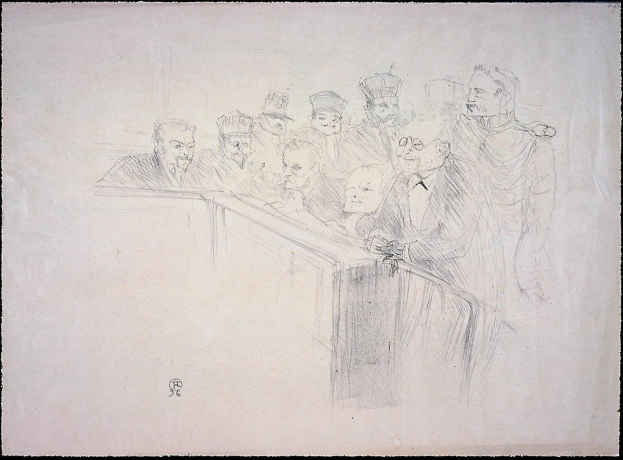 Schwarz-weiß-Zeichnung von Menschen, die an einem unordentlichen Tisch in einem Gerichtssaal während einer Verhandlung sitzen, wobei einige ernst und andere besorgt aussehen, umrahmt von einem schwarzen Rand.
