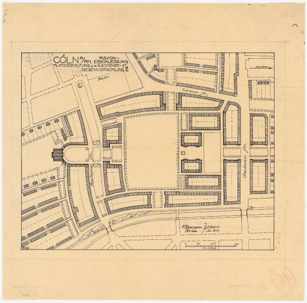 Alte Karte von Köln, Deutschland, mit handschriftlichen Anmerkungen auf vergilbten Papier.