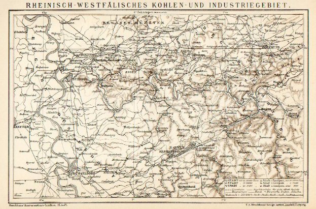 Eine alte Karte des Rheinisch-Westfälischen Kohlen- und Industriegebiets, die Flüsse, Berge und Städte mit Text oben und unten zeigt.
