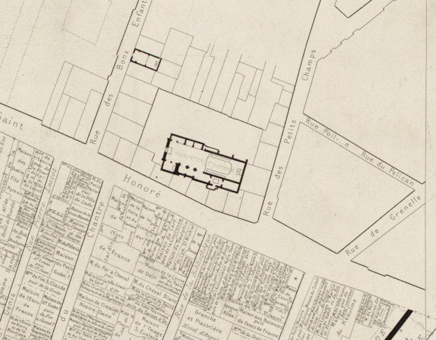 Ein altes Stadtplan von einer Stadt mit einem hervorgehobenen Gebäude in der Mitte, das als Lageplan für die erste Baptistenkirche in Paris bezeichnet wird, mit begleitendem Text, der weitere Details über die Kirche bereitstellt.