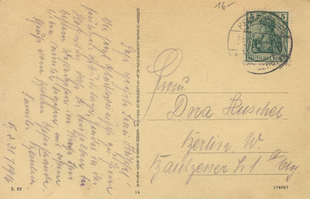 Eine alte deutsche Postkarte in sehr gutem Zustand, die ein Stempel und den Text "Konzert-Luger-Konferenz-Kommunikation" sowie die Nummer "174097" zeigt.