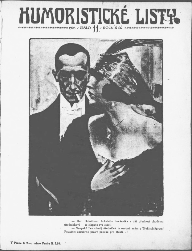 Schwarz-weißes Magazin-Cover mit der Aufschrift 'Humoristische Liste', das einen Mann im Anzug mit ernster Miene und eine Frau zeigt, die wegsieht und schmunzelt.