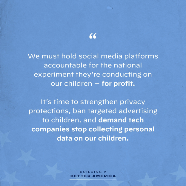 Plakat mit einem Zitat aus 'Building a Better America', das besagt, dass soziale Medien-Plattformen für das Experimentieren an Kindern zur Gewinnerzielung zur Rechenschaft gezogen werden sollten, verziert mit Sternen.