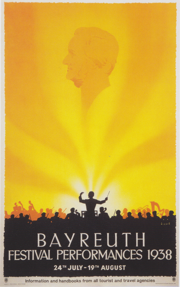 Ein Plakat für die Bayreuth Festival-Aufführungen 1938, das eine zentrale Figur zeigt, die von einer Gruppe von Menschen umgeben ist, mit Texten, die Festival-Informationen bereitstellen.