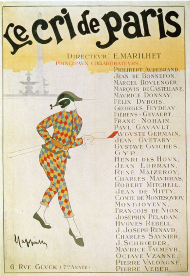 Ein Plakat, das einen Karneval in Paris, Frankreich, ankündigt und eine Person in einem bunten Kostüm mit der Aufschrift 'Le Cride de Paris' zeigt.