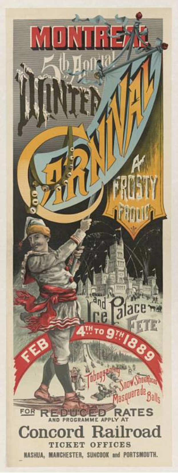 Eine Person steht vor einem frostigen Schloss mit der Aufschrift 'Montreal Winter Carnival' darüber, wirbt für das Event in Montreal, Quebec, Kanada.