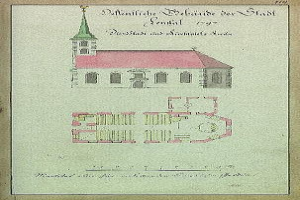 Eine Zeichnung der St.-Nikolai-Kirche in Dresden, Deutschland, mit einem Turm und einem Glockenturm, sowie begleitendem Text.