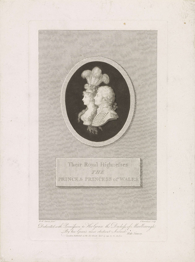 Schwarzes-weißes Foto eines Papiers mit einem Portr├Ąt des Prinzen und der Prinzessin von Wales, begleitet von Text.